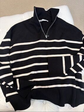 Zara Black & White Striped zip up Sweater